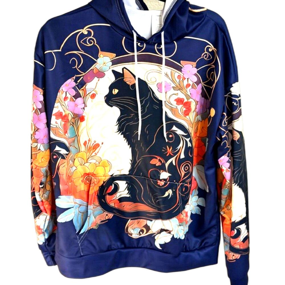 Women’s Graphic Hoodie Cat Floral Print Size L Casual Sweatshirt
